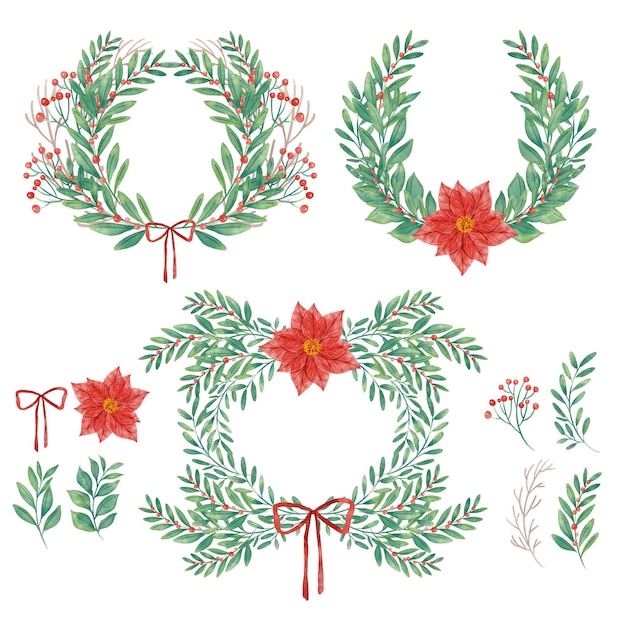 Watercolor christmas flower and wreath collection