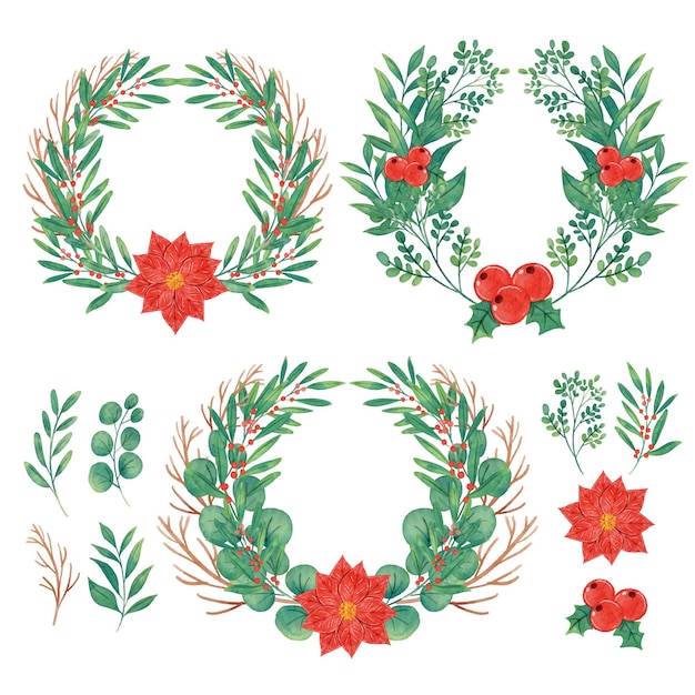 Watercolor christmas flower and wreath collection