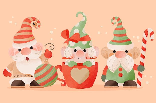 Free Vector watercolor christmas gnomes collection