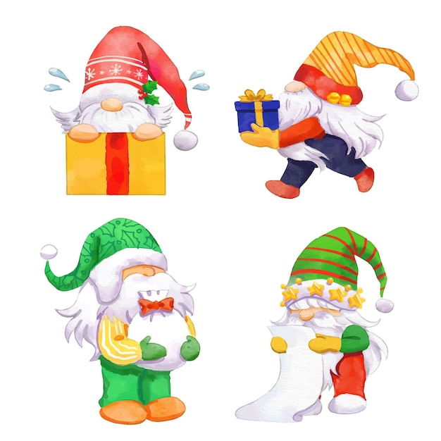 Free vector watercolor christmas gnomes collection