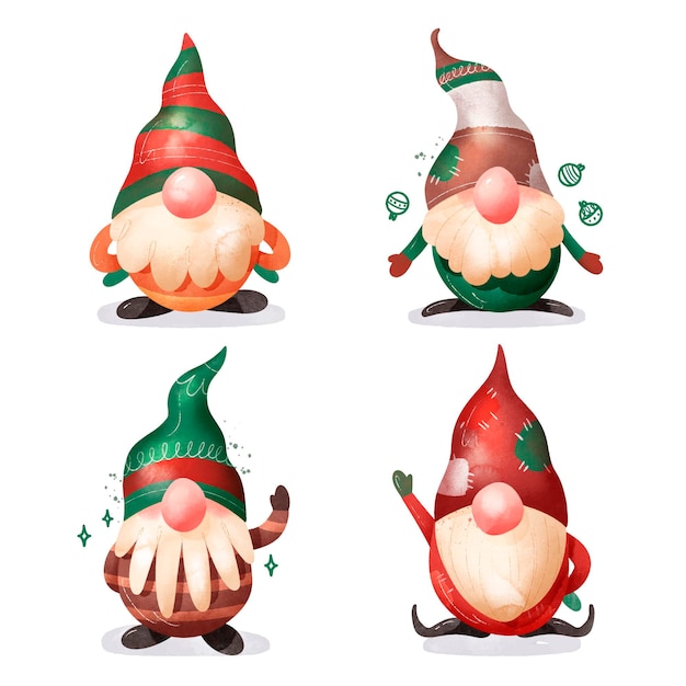 Free Vector watercolor christmas gnomes collection