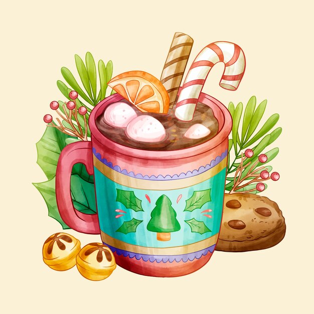 Watercolor christmas hot chocolate illustration