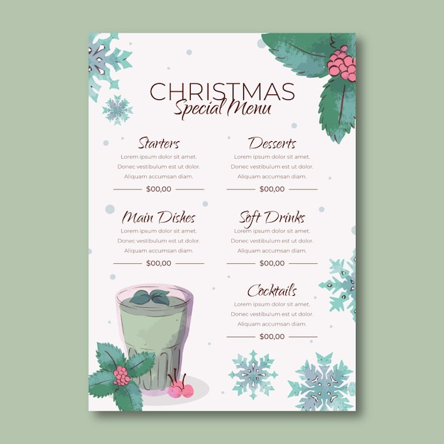 Free Vector watercolor christmas menu template