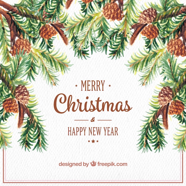 Watercolor christmas and new year background with pine nuts