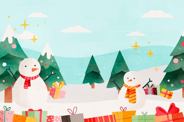 Watercolor christmas season background with snowman and presents