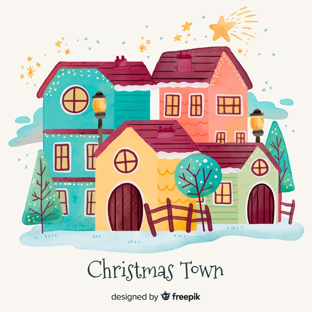 Watercolor christmas town background