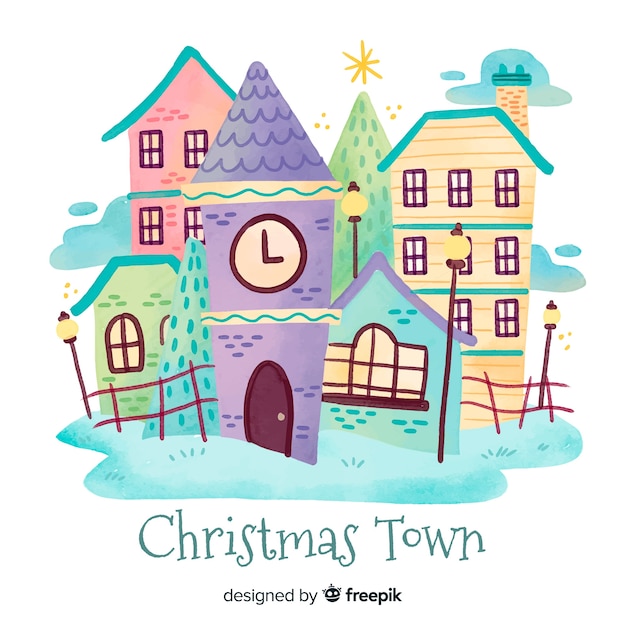 Watercolor christmas town background