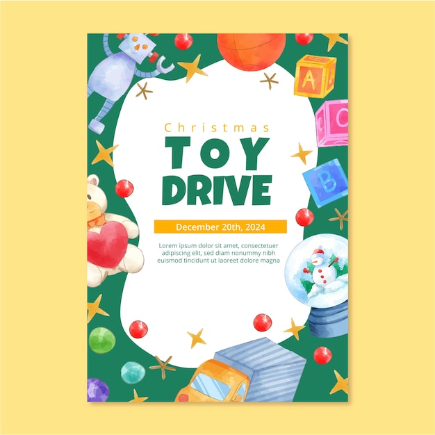 Watercolor christmas toy drive poster template