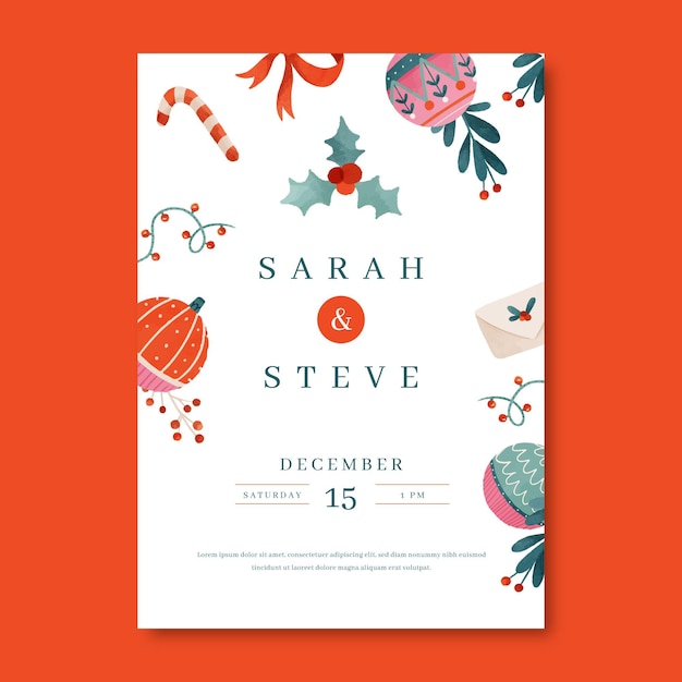 Watercolor christmas wedding invitation template