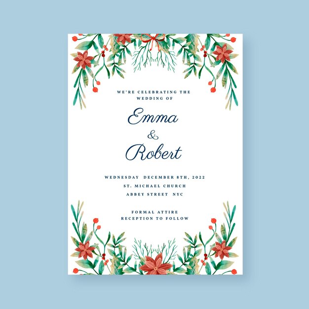 Watercolor christmas wedding invitation template