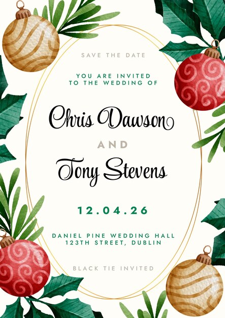 Watercolor christmas wedding invitation template