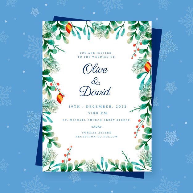 Watercolor christmas wedding invitation template