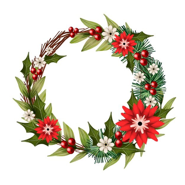 Watercolor christmas wreath with flowers