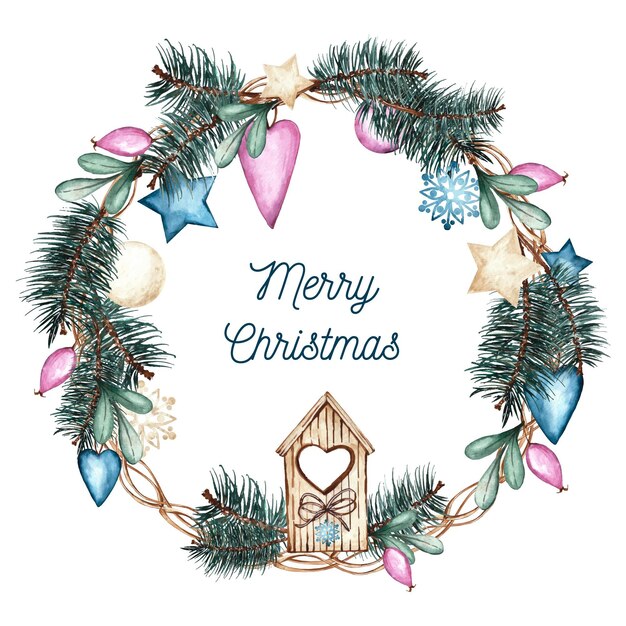 Watercolor christmas wreath with greeting