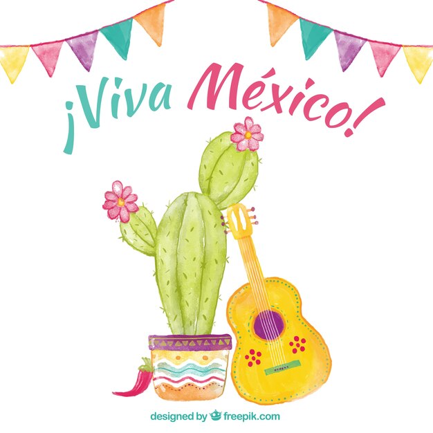 Free Vector watercolor cinco de mayo background with cactus and guitar