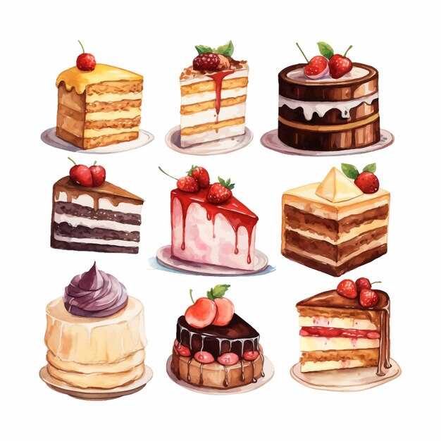 A watercolor clipart set of cakes and cake slices lemon strawberry and cherry