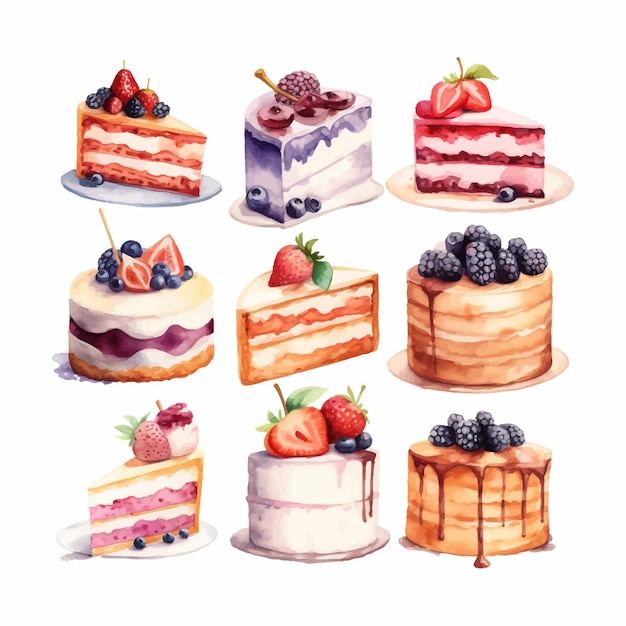 A watercolor clipart set of cakes and cake slices lemon strawberry and cherry