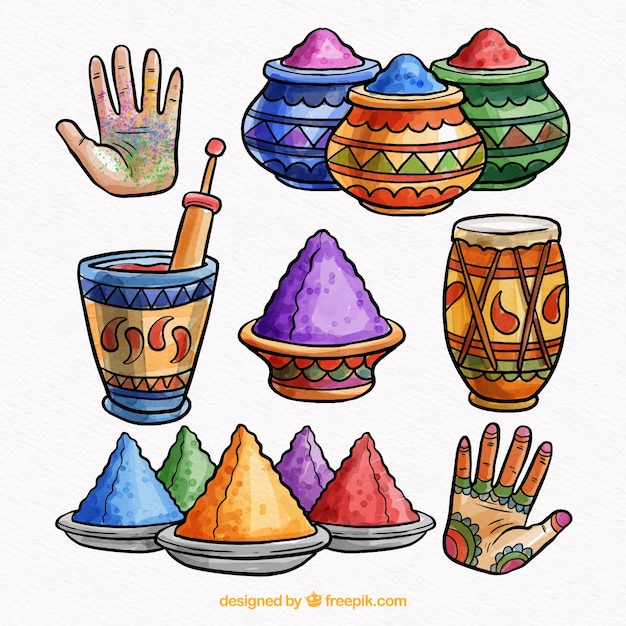 Free vector watercolor collection of holi festival elements