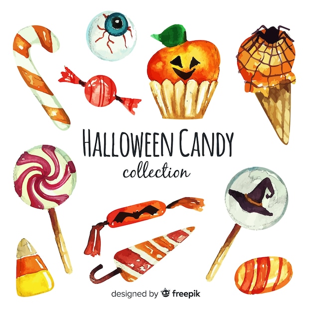 Watercolor of colorful halloween candy collection