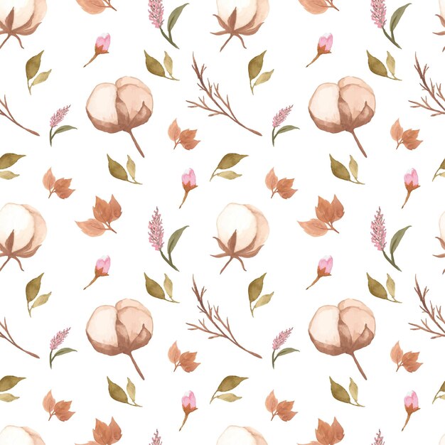 Watercolor Cotton Flower Seamless Pattern