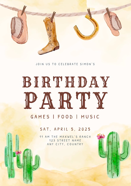 Watercolor cowboy party invitation