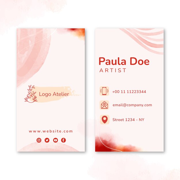 Watercolor creative atelier vertical business card