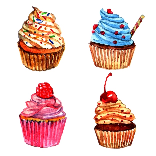 Watercolor cupcakes icons set