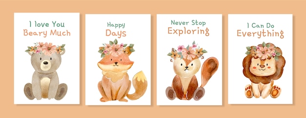 Watercolor cute kids card collection