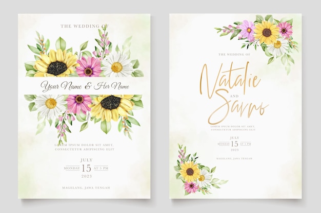 watercolor daisy and sun flower invitation card set