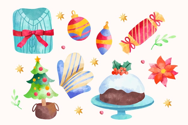 Free Vector watercolor design elements collection for christmas season celebration