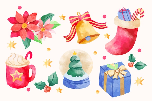 Free Vector watercolor design elements collection for christmas season celebration