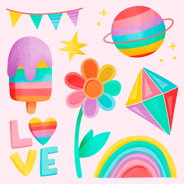 Free Vector watercolor design elements collection for pride month celebration