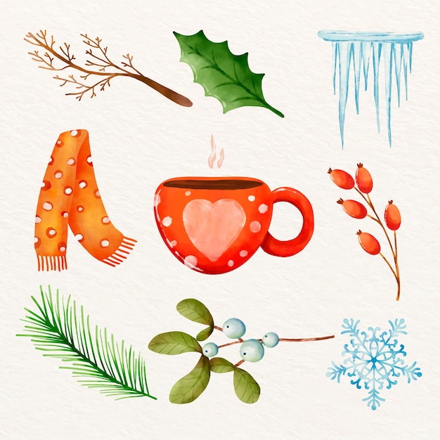 Free Vector watercolor design elements collection for winter season celebration