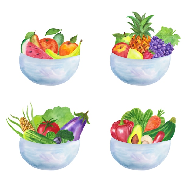 Watercolor design fruit and salad bowls