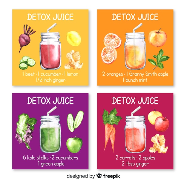 Free Vector watercolor detox fruit juice cards