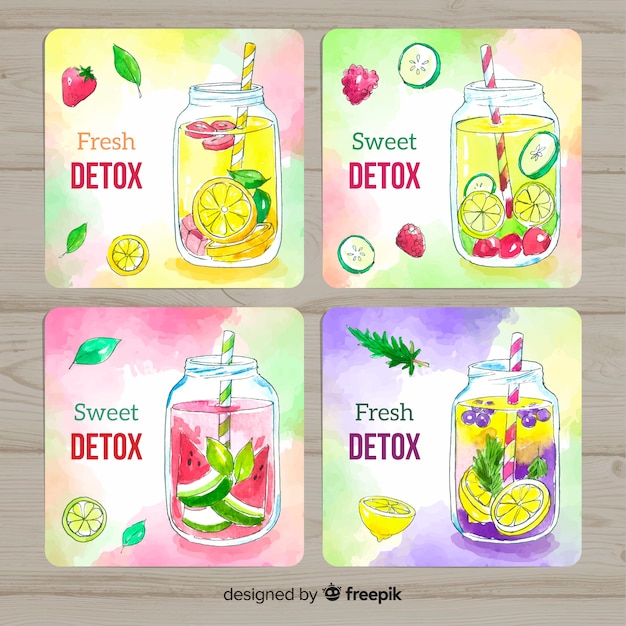 Free Vector watercolor detox fruit juice cards