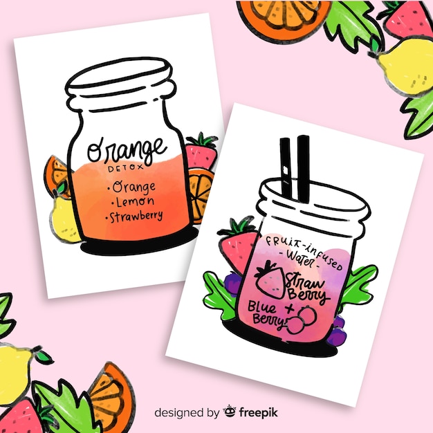 Free vector watercolor detox fruit juice cards