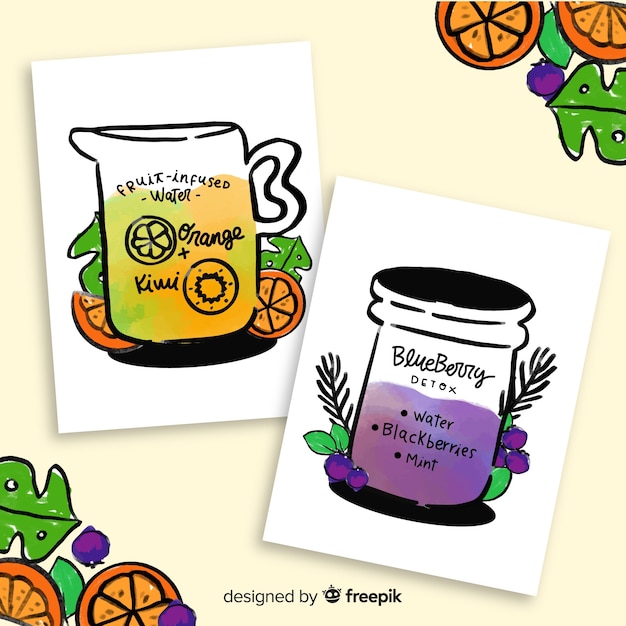 Free vector watercolor detox fruit juice cards