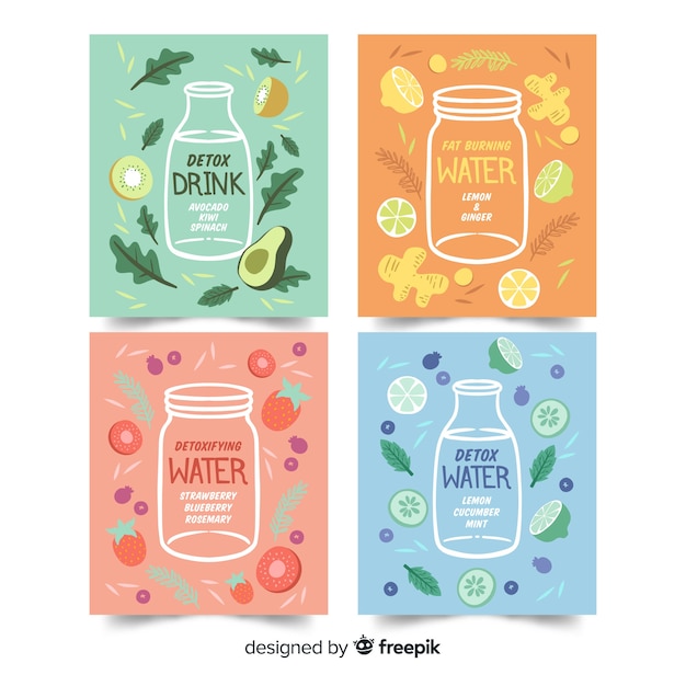 Free Vector watercolor detox fruit juice cards