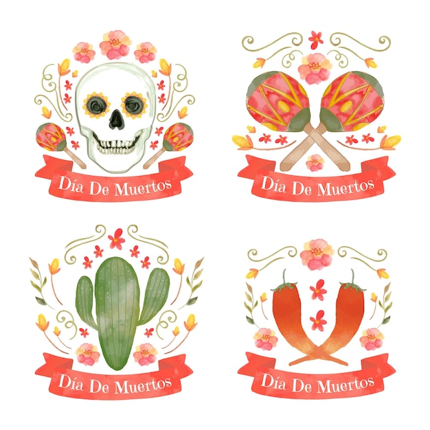 Watercolor dia de muertos badges collection