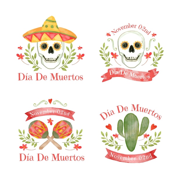 Watercolor dia de muertos badges collection