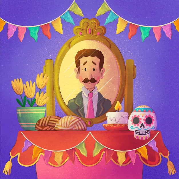 Watercolor dia de muertos family home altar illustration