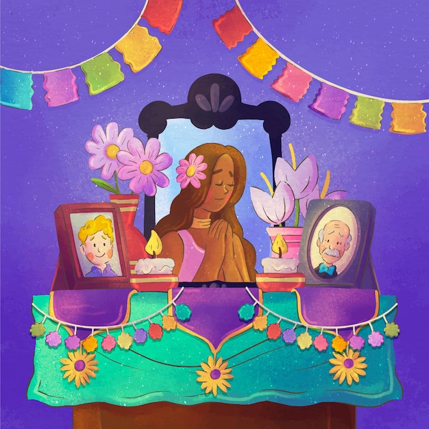 Watercolor dia de muertos family home altar illustration