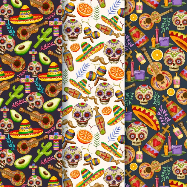 Watercolor dia de muertos patterns collection