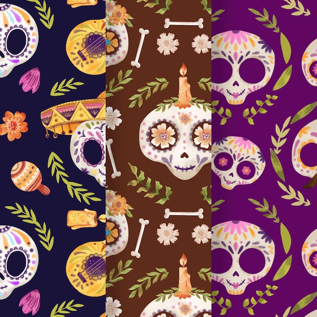 Watercolor dia de muertos patterns collection