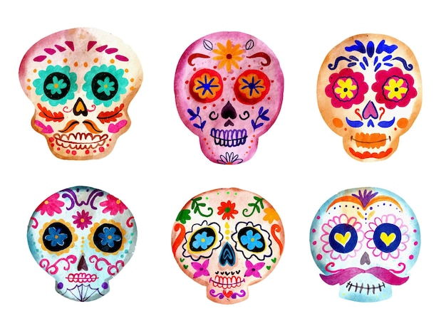 Watercolor dia de muertos skulls collection