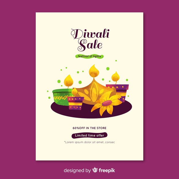 Watercolor diwali sale flyer template