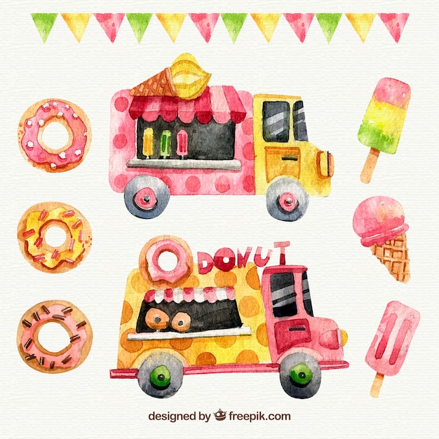 Free Vector watercolor donuts, ice creams and food trucks