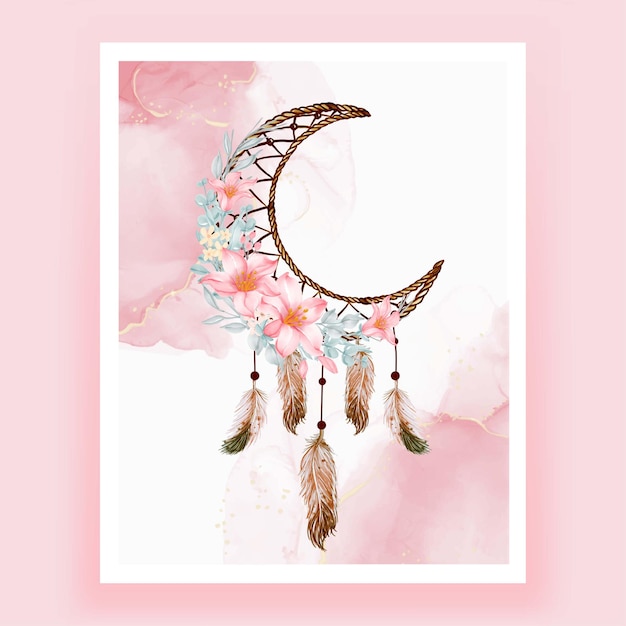 Free Vector watercolor dream catcher flower pink peach feather