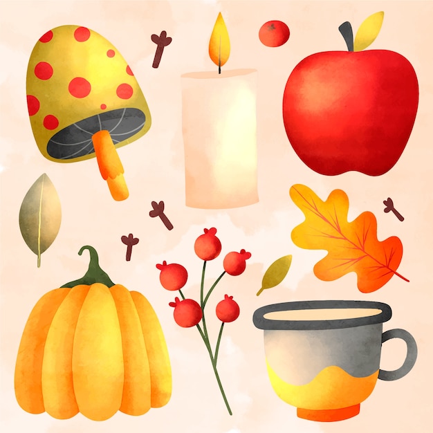 Watercolor elements collection for fall season celebration